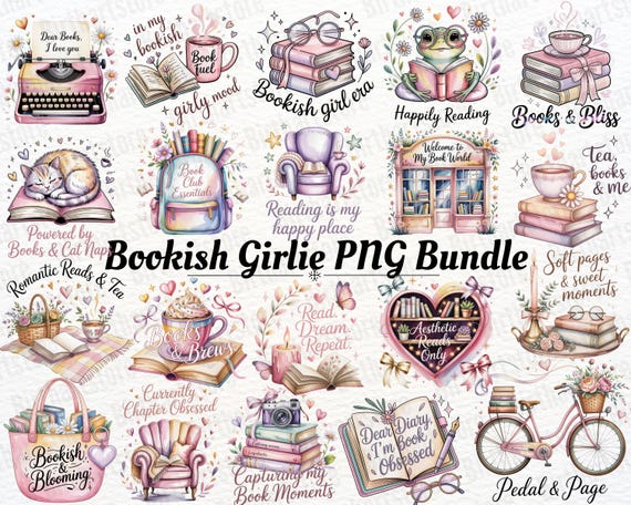 50 Bookish Girlie PNG Bundle • Book Lover Clipart for Commercial Use • Cozy Reading & Bookworm PNG Graphics • Digital Download Printable Art