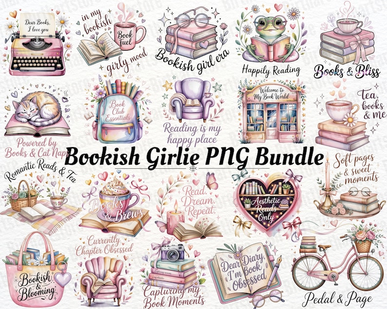 Pode incluir: Uma cole&ccedil;&atilde;o de ilustra&ccedil;&otilde;es em aquarela com tema de livros. As imagens incluem livros, uma m&aacute;quina de escrever, um gato, um sapo, uma bicicleta e texto como "Bookish Girlie PNG Bundle" e "Dear Diary, I'm Book Obsessed."