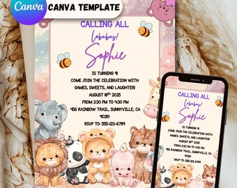 Whimsical Labubu Birthday Invitation Template – Editable Printable Canva Invite for Kids – Instant Download, Printable Invitation Template