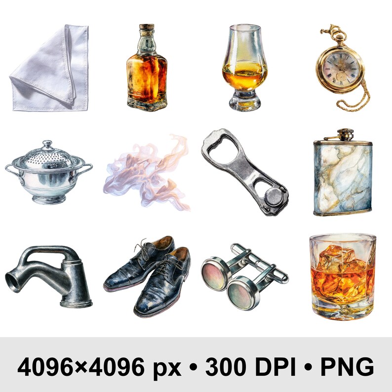 May include: Watercolor illustration of various objects, including a bottle of amber liquid, a glass of whiskey with ice, a pocket watch, a pair of black dress shoes, and a silver bottle opener. The image also includes a silver colander and a white napkin.