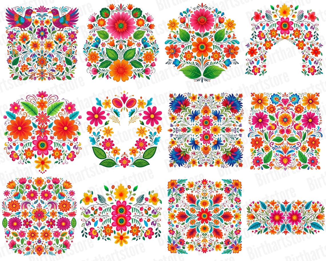 Mexican Folk Art Clipart, 40 Floral PNG Graphics for Cinco De Mayo ...