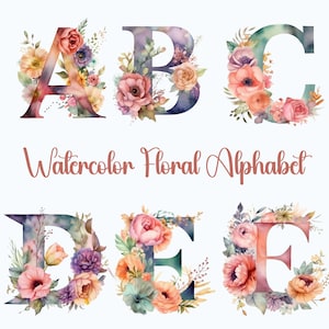 Alfabeto de acuarela, letras florales, letras, acuarela, floral pastel, 26 letras