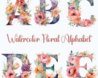 Può includere: Alfabeto floreale ad acquerello con le lettere A, B, C, D ed E. Le lettere sono circondate da fiori ad acquerello in tonalità di rosa, arancio, giallo, viola e verde.
