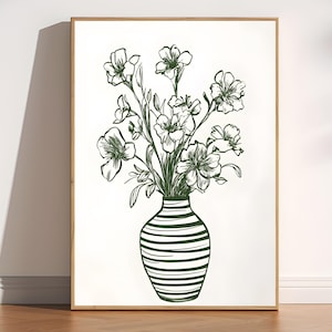 Jarrón verde Art Déco, arte mural con jarrón verde, póster de jarrón botánico, ilustración de jarrón floral, decoración floral retro para pared, jarrón floral minimalista