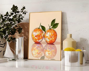 Feminine Obst-Wandkunst, orange Diskokugel-Druck, flippige Küchendekoration, Zitrus-Bar-Warenkorb-Kunst, Spiegelball-Poster, trendiger Obstdruck