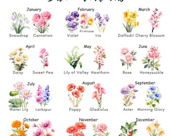 Birth Month Flower Digital Print, Birth Flowers Clipart, Personalized Flower Bouquet, Floral Design, Birth Month Flowers, Botanical Clipart