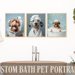 Aangepaste huisdier portretten bad, bad hond portret, gepersonaliseerde badkamer decor, grappige huisdier kunst aan de muur, hondenliefhebber badkamer kunst, huisdier moeder cadeau