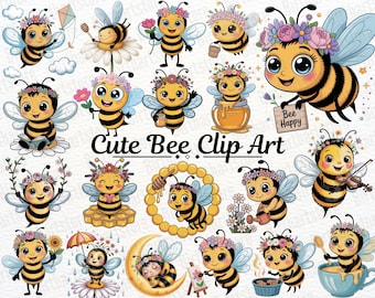 Watercolor Bee Clipart, 25 Cute Bumble Bee PNGs | Sweet Daisy and Honey Bee Graphics for Baby Shower | Digital Download, Commercial Use