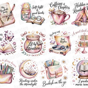 Pode incluir: Uma cole&ccedil;&atilde;o de ilustra&ccedil;&otilde;es em aquarela com elementos tem&aacute;ticos de livros. Inclui um di&aacute;rio, uma vela, uma x&iacute;cara de caf&eacute;, um canto de leitura, um livro aberto com borboletas, uma vitrola, um bolo de livros, um estojo, uma lua crescente, uma bolsa e uma bola de cristal. Texto com frases como "My Bookish Diary".