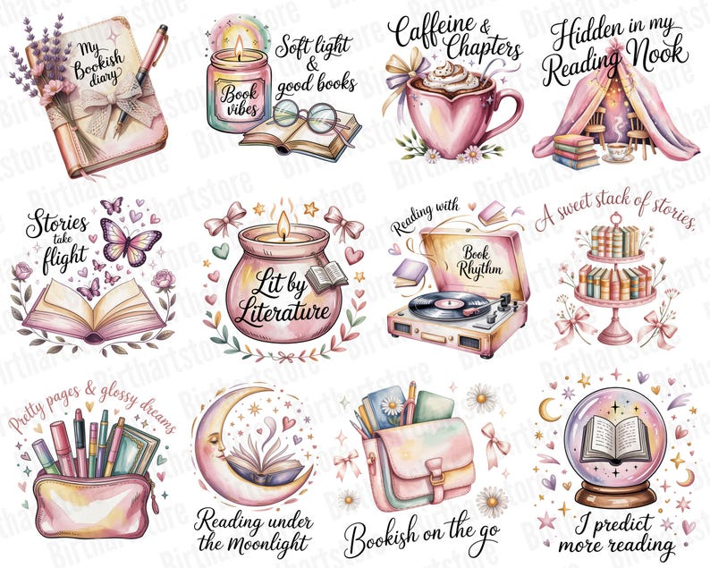 Pode incluir: Uma cole&ccedil;&atilde;o de ilustra&ccedil;&otilde;es em aquarela com elementos tem&aacute;ticos de livros. Inclui um di&aacute;rio, uma vela, uma x&iacute;cara de caf&eacute;, um canto de leitura, um livro aberto com borboletas, uma vitrola, um bolo de livros, um estojo, uma lua crescente, uma bolsa e uma bola de cristal. Texto com frases como "My Bookish Diary".