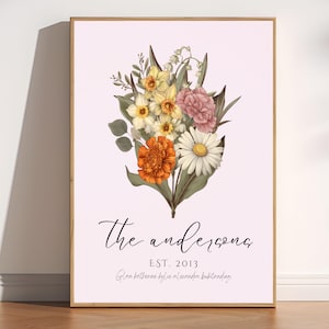 Bouquet de fleurs pour le mois de naissance, oeuvre d'art florale pour la famille, cadeau de fleurs pour la fête des mères, cadeau personnalisé pour grand-mère, cadeau de fleurs pour le mois de naissance, cadeau de famille