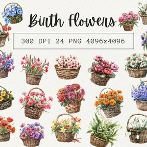 Birth Month Flower Basket Clipart, Birth Flower PNG, Antique Floral, Personalized Flower Bouquet Graphic, Birthday Flower, Floral Botanical