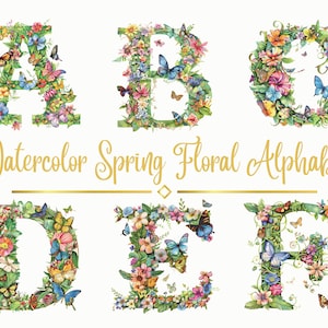 Colección de alfabetos florales de primavera en acuarela, imágenes prediseñadas de mariposas de hitos para bebés, letras florales del alfabeto inglés PNG, letras iluminadas Png