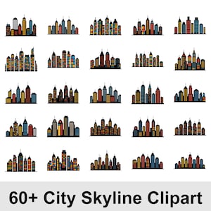 May include: A set of 20+ city skyline clipart images in various colours and designs. The buildings are depicted in a flat, graphic style, with a variety of architectural styles. The text "60+ City Skyline Clipart" is at the bottom.