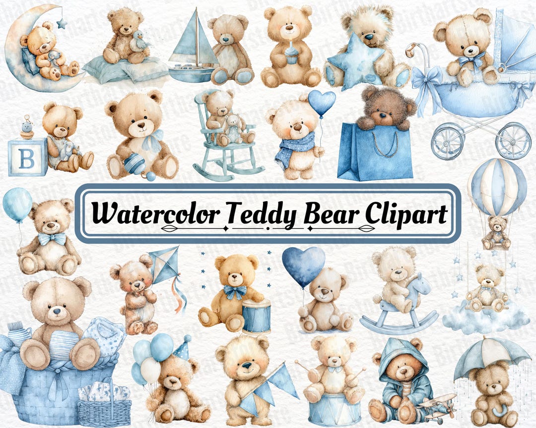 45 Teddy Bear PNG Clipart Bundle, Watercolor Baby Boy Graphics for ...