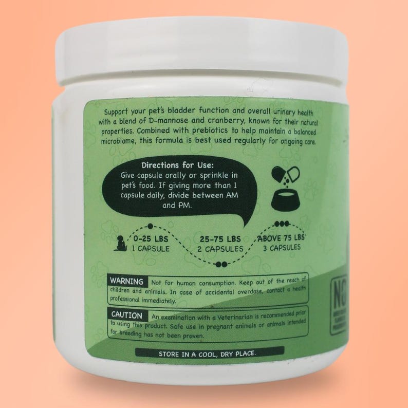 May include: White plastic bottle with a green label. The label has text that reads "Support your pet's bladder function and overall urinary health with a blend of D-mannose and cranberry, known for their natural properties. Combined with prebiotics to help maintain a balanced microbiome, this formula is best used regularly for ongoing care." The label also includes directions for use, a warning, and a caution.