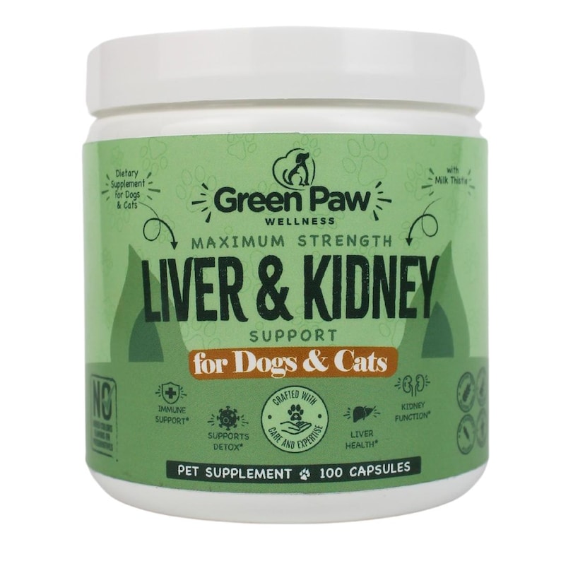 Puede incluir: Un envase de pl&aacute;stico blanco con una etiqueta verde. La etiqueta presenta el texto "Green Paw Wellness" y "Liver & Kidney Support for Dogs & Cats". Tambi&eacute;n incluye iconos y el texto "Pet Supplement 100 Capsules".