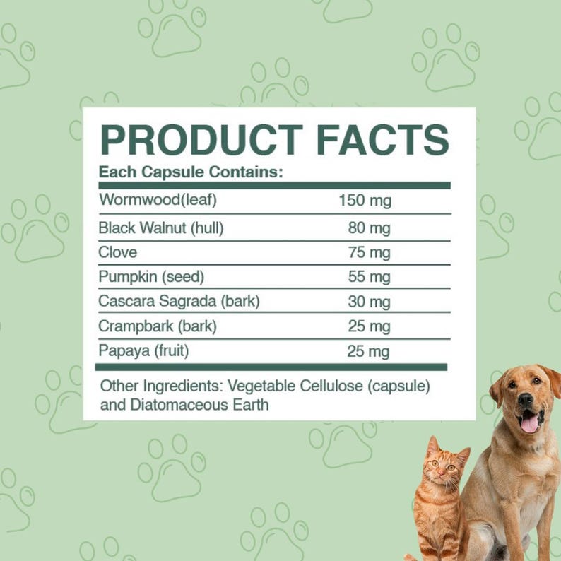 May include: Product facts label listing the ingredients and amount per capsule of a supplement for pets. Ingredients include wormwood, black walnut, clove, pumpkin, cascara sagrada, crampbark, and papaya. Other ingredients include vegetable cellulose and diatomaceous earth.