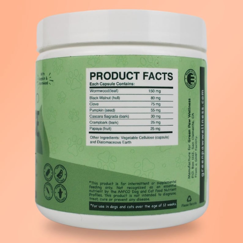 May include: Green plastic jar with a white lid labeled "Product Facts" and listing ingredients and their amounts in milligrams. The label also includes information about the product's use for dogs and cats over 12 weeks old.