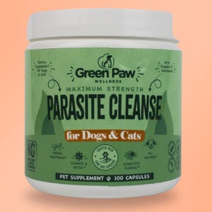 May include: Green Paw Wellness Maximum Strength Parasite Cleanse for Dogs & Cats, a green and white bottle with a label that says "Parasite Cleanse" and features a paw print logo. The bottle contains 100 capsules and is a dietary supplement for dogs and cats.