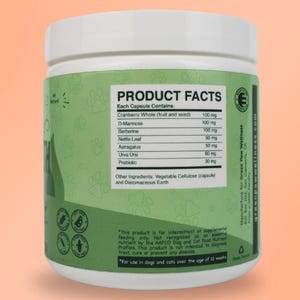 May include: A white plastic bottle with a green label that says "Product Facts". The label lists the ingredients and dosage of a supplement for dogs and cats. The ingredients include cranberry whole, D-mannose, berberine, nettle leaf, astragalus, urva ursi, and prebiotic. The bottle is on a peach-colored background.