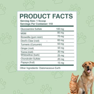 May include: Product facts label for a supplement for dogs. The label lists ingredients and their amounts in milligrams. Ingredients include glucosamine sulfate, MSM, boswellia, devil's claw, turmeric, ginger, yucca, whitewillow, chondroitin sulfate, papaya, and diatomaceous earth.
