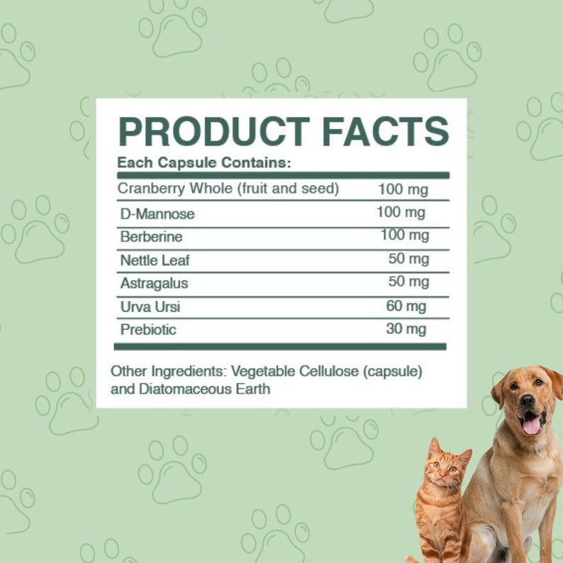 May include: Product facts label with a list of ingredients and their corresponding dosages in milligrams. Ingredients include cranberry whole, D-Mannose, berberine, nettle leaf, astragalus, urva ursi, and prebiotic. Other ingredients include vegetable cellulose and diatomaceous earth.