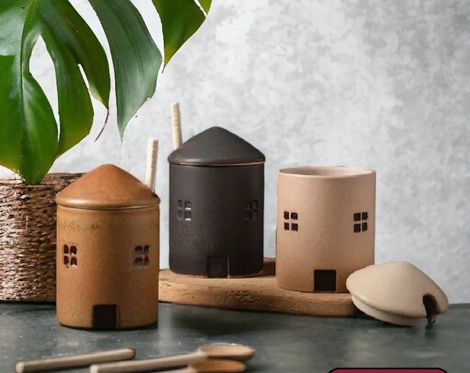 Cute Handmade Ceramic House Condiment Jar \ Unique Home Kitchenware \ Fun Home Condiment Jar \ Minimalist Jar \ Unique Housewarming Gift