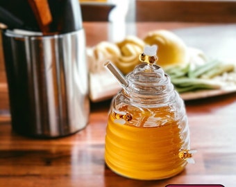 Glass Beehive Honey Pot with Dipper \ Unique Bee Honey Jar with Serving Dipper \ Fun Handmade Honey Dispenser \ Housewarming Tablewares Gift