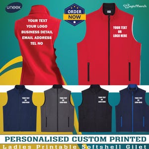 Puede incluir: Imagen promocional de chalecos softshell personalizados e impresos en rojo, azul marino, gris y negro. Cada chaleco tiene cierre de cremallera y espacio para texto o un logotipo. La imagen incluye el texto "Order Now".