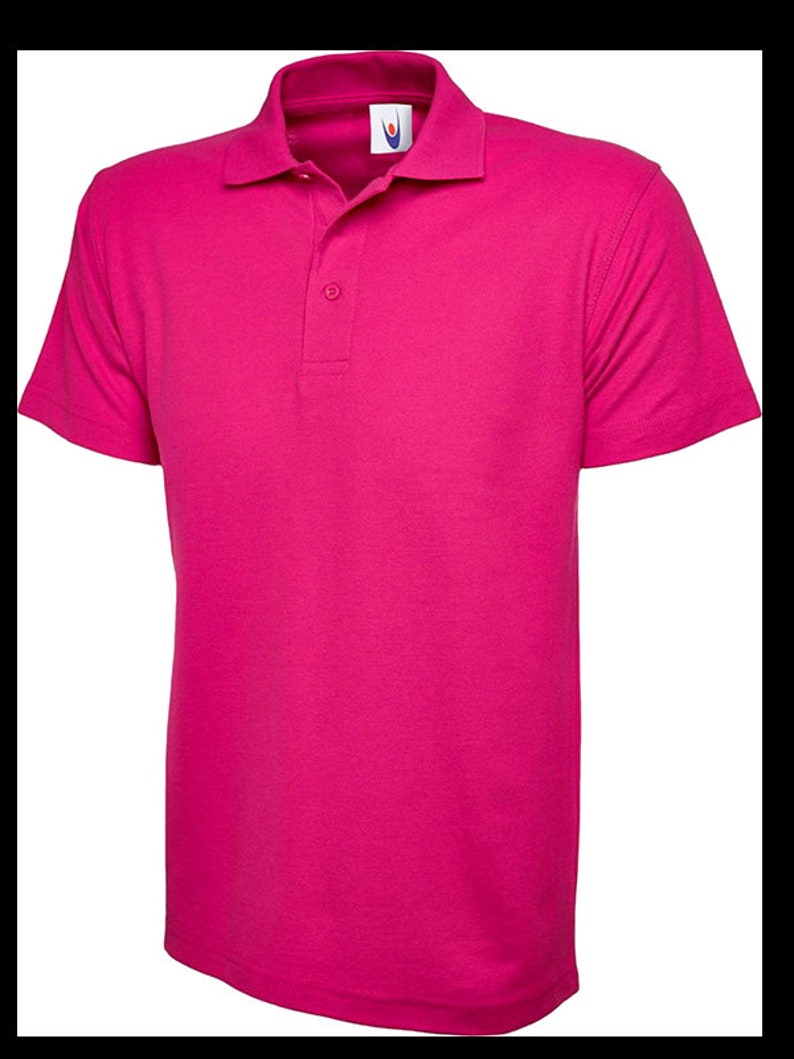 May include: A bright pink short-sleeved polo shirt with a button-up collar.