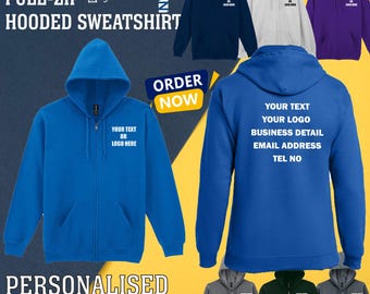 Personalised Gildan Printed Heavy Blend Full Zip Hooded Sweatshirt Text Logo Unisex Workwear Staff Stage Hen Do Party Gifts Jumper Gym