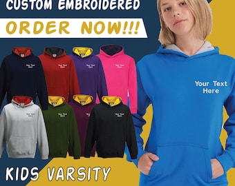 Personalised Custom Embroidered Kids Varsity Hoodie AWDis Just Hoods Unisex Casual Event Top