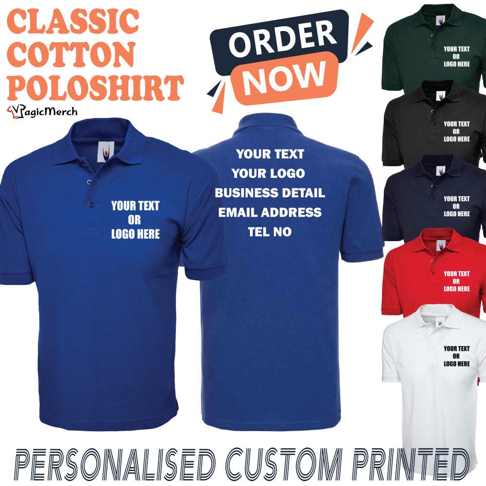 Personalised Printed Classic Cotton Polo Shirt Custom Text Logo Unisex Staff Uniform party/Stage Hen Do Top