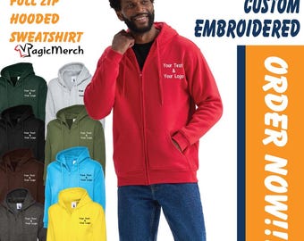 Personalised Custom Embroidered Full Zip Hoodie Your Text/Logo Work wear Uniform Party/Stag Hen, Unisex, Top Gift Staff