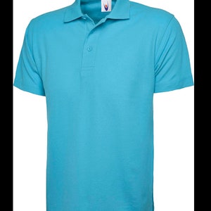 May include: A light blue polo shirt with a short sleeve and a button-up collar.