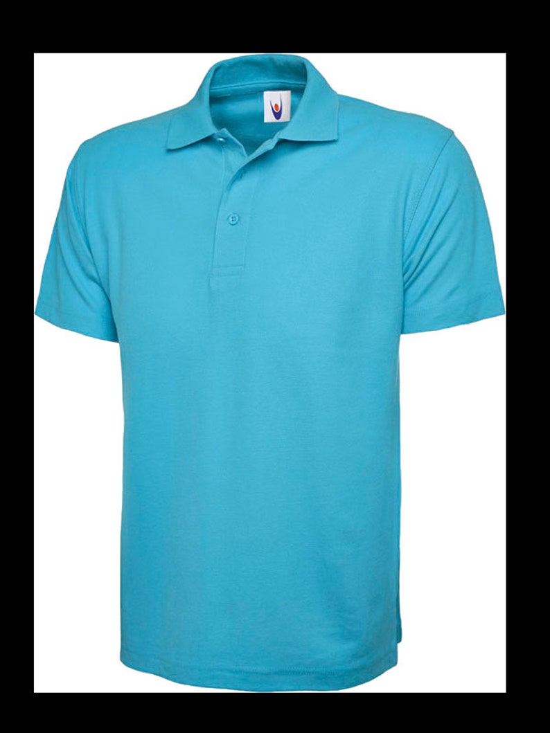 May include: A light blue polo shirt with a short sleeve and a button-up collar.