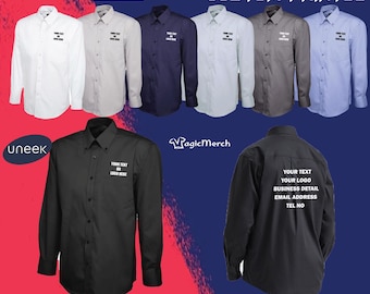 Personalised Printed Mens Pinpoint Oxford Full Sleeve Shirt Casual Office Staff Custom Text Logo