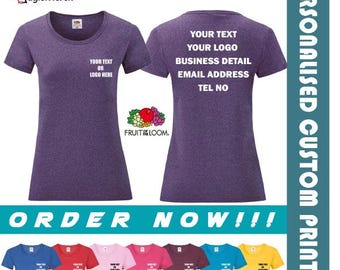 Custom Printed Fruit of the Loom Women's Valueweight T-Shirt Your Text logo Casual Staff Work Wear Gym Top Gifts