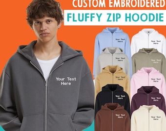Personalised Build Your Brand Embroidered Fluffy Zip Hoodie Casual Unisex Staff Workwear Text Logo Gym Uniform Party Stag Hen Event Security