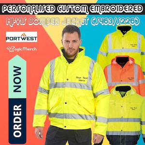 May include: High-visibility bomber jackets in yellow and orange, featuring reflective stripes and the text "Your Text Here". The image showcases personalised, custom embroidered jackets. Logos for Portwest and MagicMerch are also visible.
