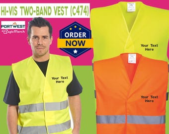 Personalised Custom Embroidered Portwest Hi-vis Two-Band Vest Security Staff Gardening Waistcoat Workwear Unisex