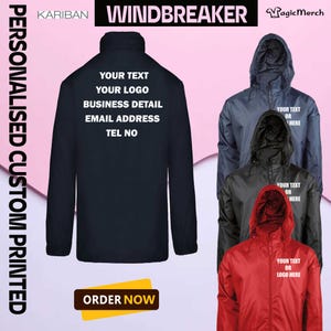 Peut inclure: Une collection de coupe-vent en bleu marine, noir et rouge, dotés de capuches et de fermetures éclair intégrales. Le dos de la veste marine affiche le texte YOUR TEXT, YOUR LOGO, BUSINESS DETAIL, EMAIL ADDRESS, TEL NO. L'avant des autres vestes indique YOUR TEXT OR LOGO HERE.