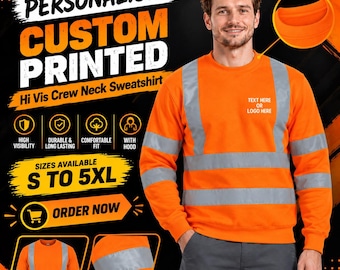 Personalised Uneek Printed Hi Vis Crew Neck Sweatshirt Workwear Text Logo 100% Polyester Event Security Staff Tops