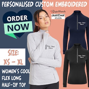 May include: A gray, navy blue, and black long-sleeve half-zip top with the text "Your Text Here". The image also includes the text "ORDER NOW", "SIZE: XS - XL", and "WOMEN'S COOL FLEX LONG HALF-ZIP TOP".