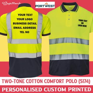 Puede incluir: Polo de confort de algodón de dos tonos en amarillo neón y azul marino. La camisa tiene rayas reflectantes y el texto "YOUR TEXT OR LOGO HERE". La parte trasera de la camisa tiene el texto "YOUR TEXT, YOUR LOGO, BUSINESS DETAIL, EMAIL ADDRESS, TEL NO".