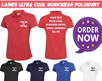 Personalised Ladies Ultra Cool Workwear Poloshirt Printed Text Logo Casual Gym Polyester Pique Top