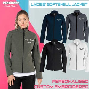 May include: A woman models a gray-green softshell jacket with the text "Your Text Here" embroidered on the chest. The image also shows navy, grey, black, and white softshell jackets. The text "Personalised Custom Embroidered" is at the bottom.