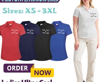 Personalised Ladies Ultra Cool Workwear Poloshirt Embroidered Text Logo Casual Gym Polyester Pique Top