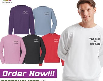 Personalised Custom Embroidered Fruit of the Loom Unisex Classic 80/20 Raglan Sweatshirt Gym Gifts Top